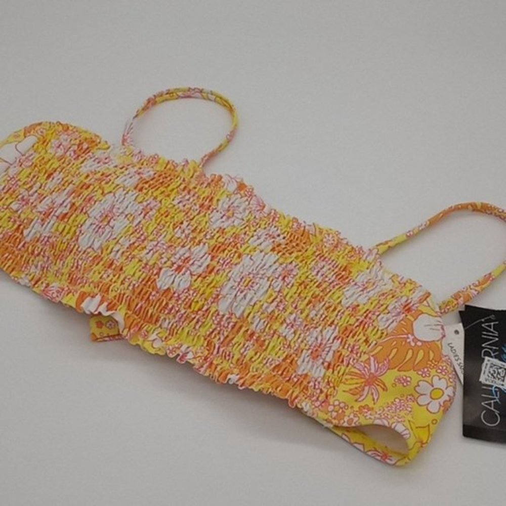 California Waves Floral Print Smocked Bandeau Bikini Top Yellow L